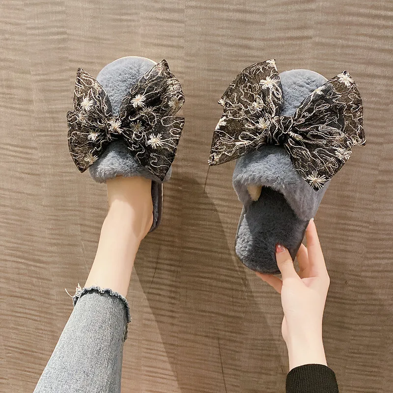 

Winter Women Home Indoor Slippers Hairy Warm Plush Soft Flat Slides Cute Bowknot Floor Shoes Ladies Memory Foam Cotton Slippers