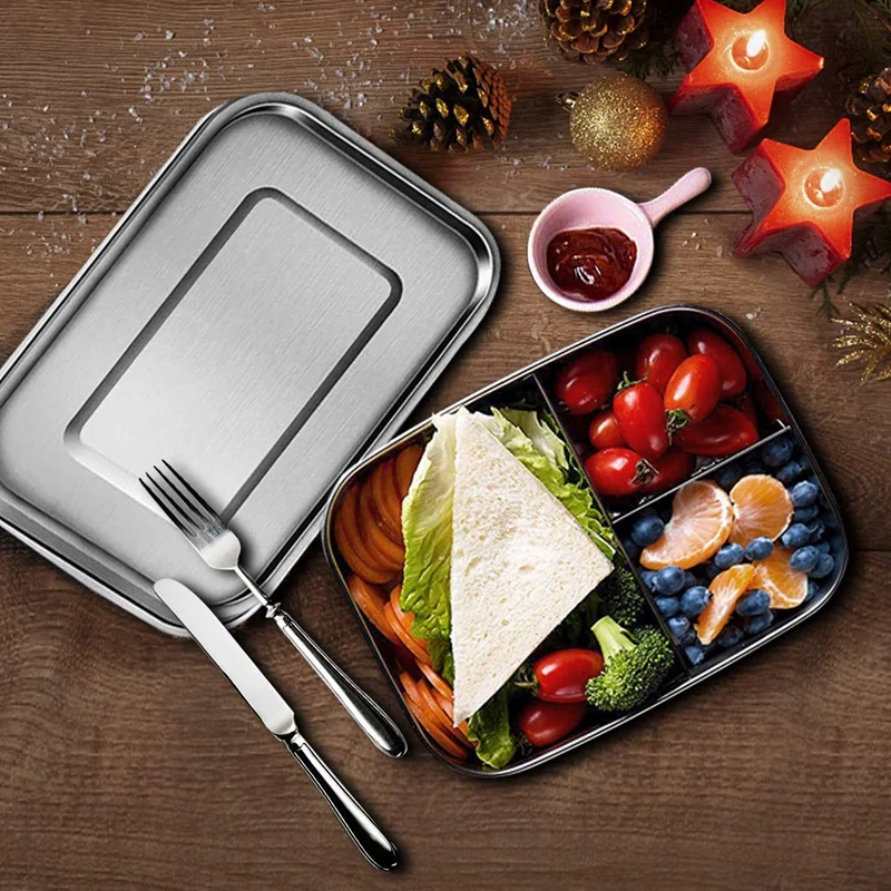 Stainless Steel Bento Box Lunch Container,3-Compartment Bento Lunch Box for Sandwich and Two Sides,1400 Ml Food Container for Ki images - 6