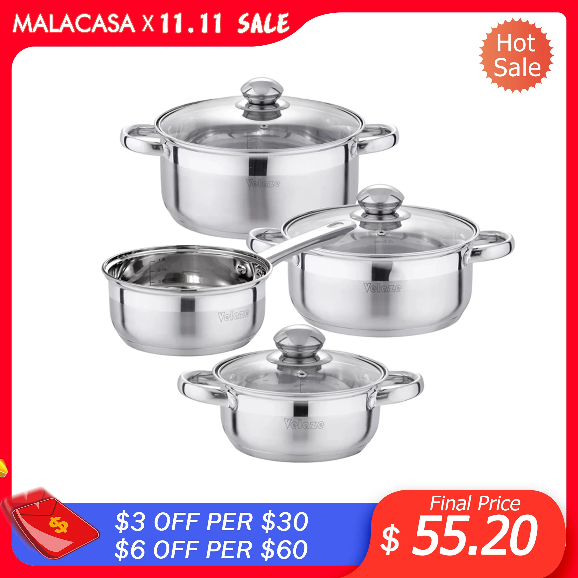 

Velaze Cookware Set Stainless Steel 7-Piece Kitchen Cooking Pot&Pan Sets,Induction Saucepan,Casserole with Tempered Glass lid