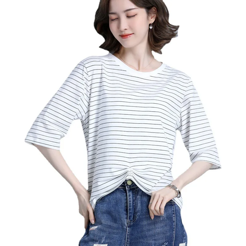 

2185 Summer T-Shirt Women 2020 Fashion Casual Simple Black Thin Short Sleeve Pockets O-Neck Loose Stripe Female Cotton Tops Tees