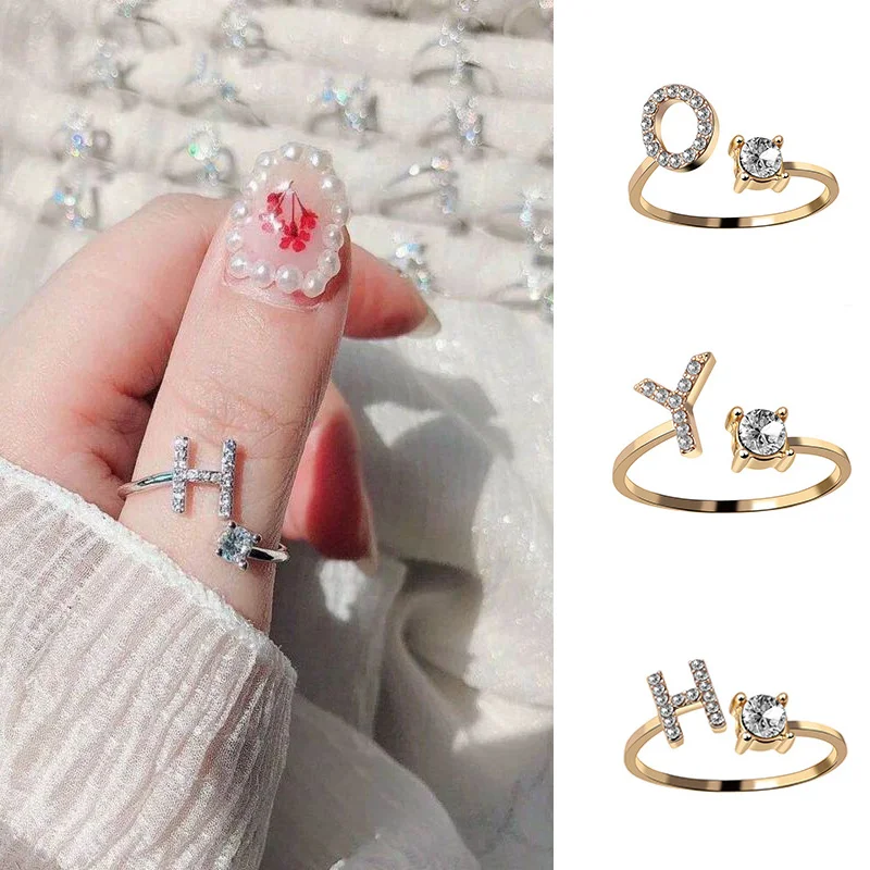 

Women Adjustable A-Z Letter Initial Name Alphabet Rhinestone Casual Couple Elegant New Stackable Ring Fashion