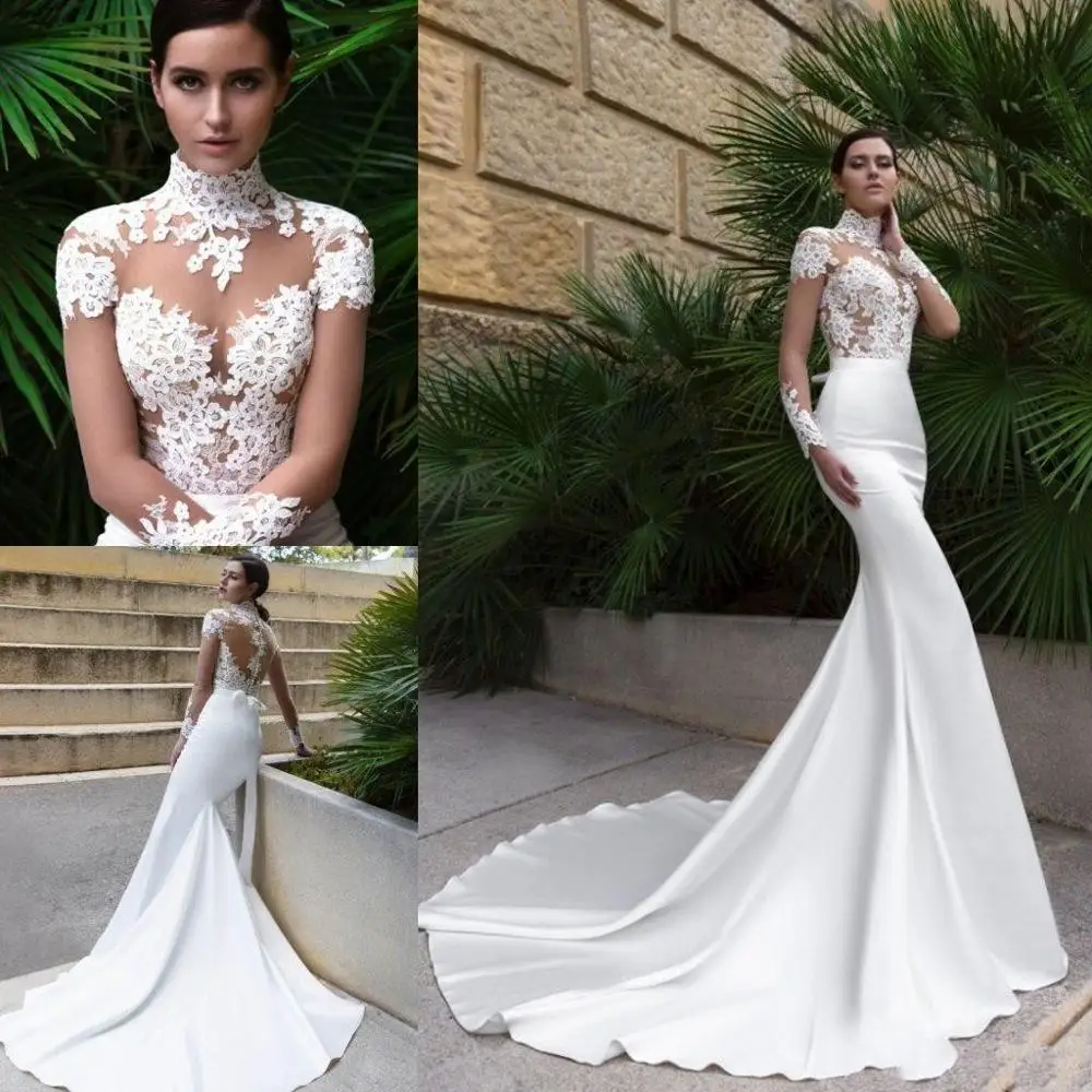 

2021 High Neck Crystal Sexy Mermaid Wedding Dresses Sheer Long Sleeve Fitted See Through Back Bridal Gowns Sweep Train
