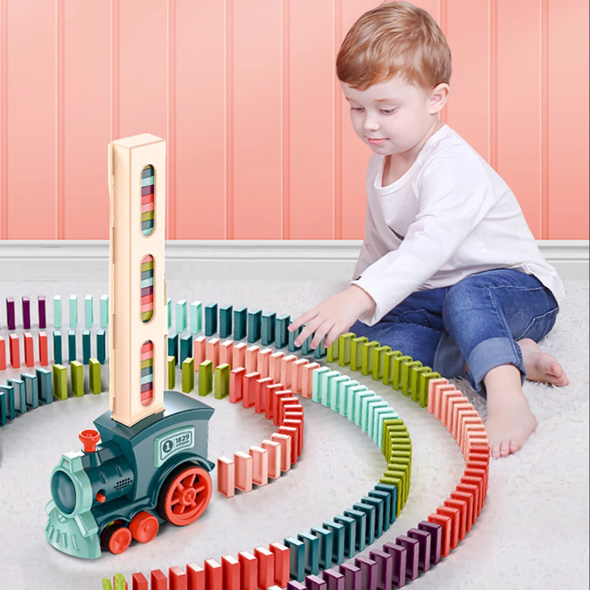 

Domino Train Set w/60pcs Domino Pieces Automatic Domino Brick Laying Train Toy for Kids Aged 3+