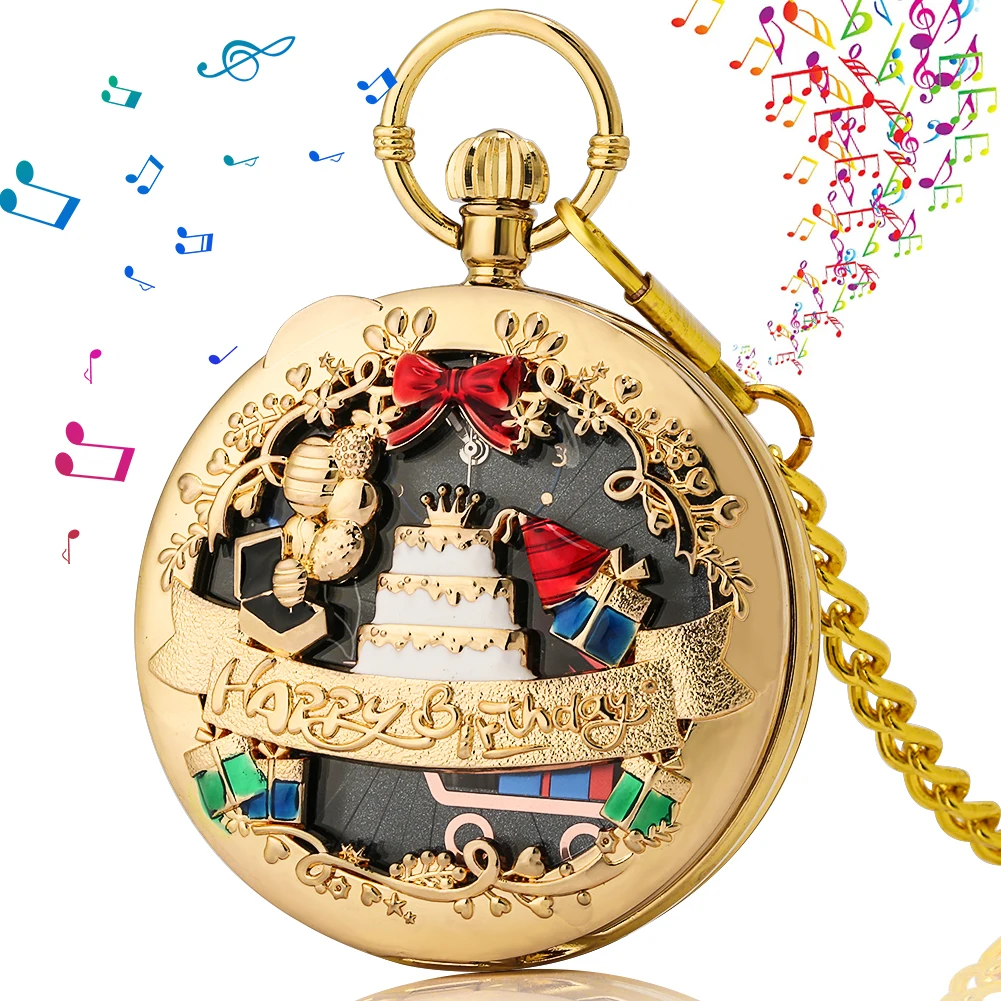 Luxury Music Pocket Watch Men's Gold Birthday Pocket Clock Quartz Black Gold Dial Ladies Pendant Chain Watches Birthday Gifts