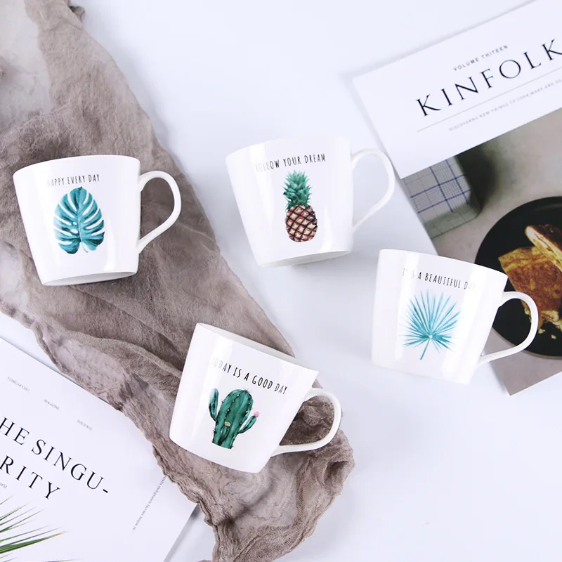 

Office Coffee Cup Lovers Cup Creative Plant Cactus White Ceramic Cup Large Capacity Household Milk Breakfast Cup Leaf Pineapple