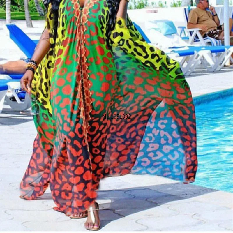 Пляжное платье с v образным вырезом и ярким принтом Vestido коротким рукавом для
