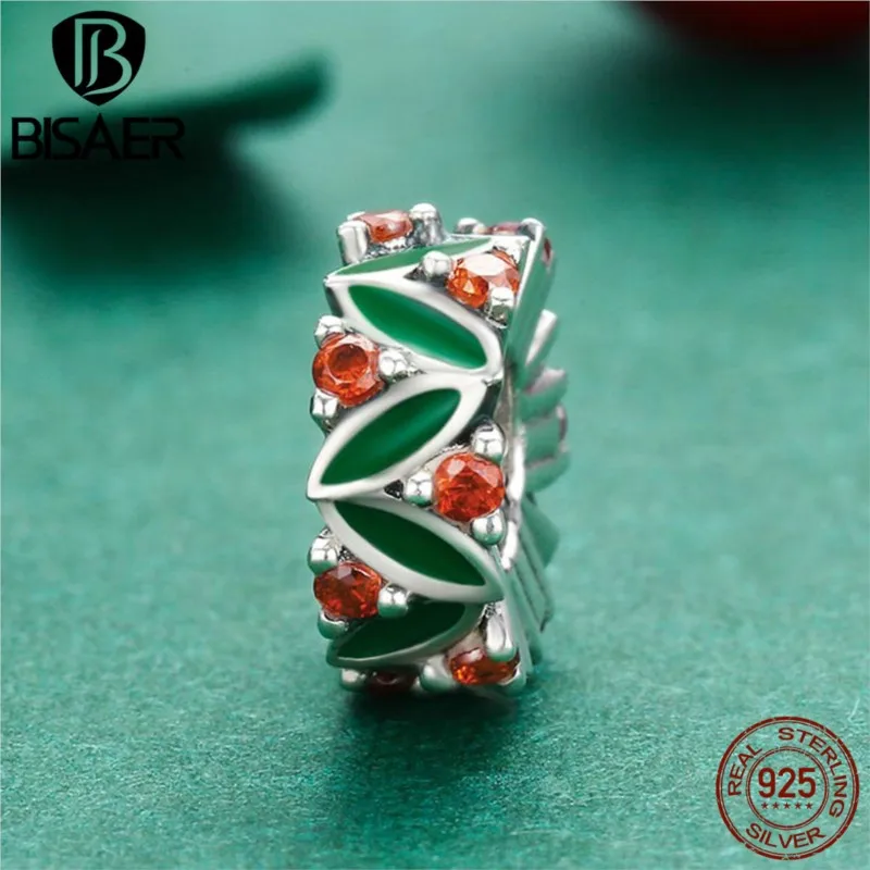 

925 Sterling Silver Christmas Tree Spacer Beads Green Flower Charms Fit BISAER Bracelets Sterling Silver Jewelry Gift ECC317