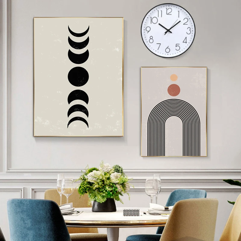 Абстрактная Минималистичная линия настенное искусство солнце и луна пейзаж фаза