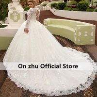 charming appliques long sleeves wedding dresses luxury scoop neck lace up princess flowers bridal gown plus size