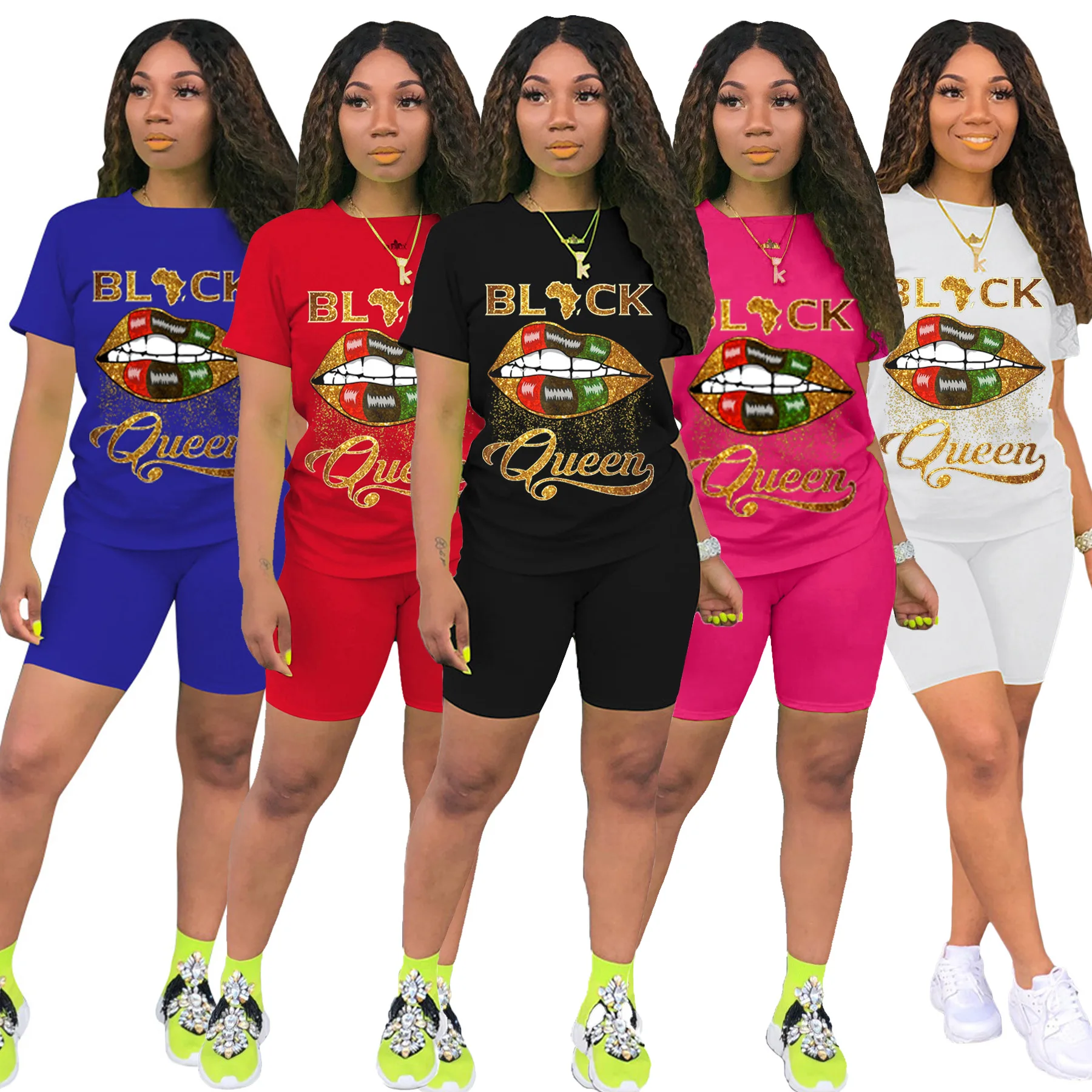 

Women Sport Black Queen Lips Two Piece Set T-shirt Tops Knee Length Jogger Sweatpant Suit Tracksuit Matching Set Outfits