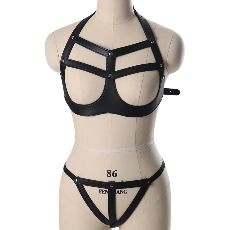 

Sexy Leather Harness Body Bondage 2-pcs Set Cage Bra Underwear Women Goth Garter Stocking Belts Female Punk Adjustable Clothing