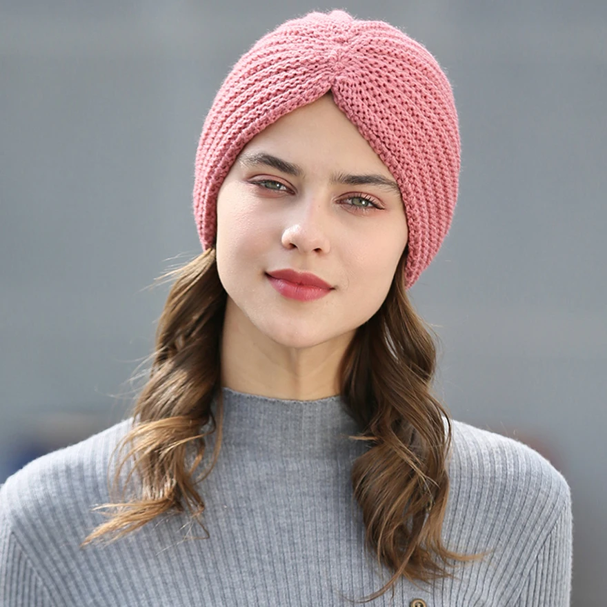 Pink 3 Новые банданы-тюрбан с узлом, повязка на голову, Осень-зима, теплая вязаная шапка-тюрбан, одноцветные женские шарфы для волос - Цвет: Pink 3