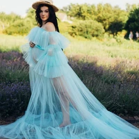 light blue tulle prom dresses ruffle long sleeve pregnant womens dress customise sheer maternity gowns for photo shoot