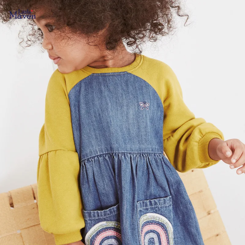 

Frocks for Baby Girls Brand Autumn Clothes Casual Cotton Rainbow Applique Toddler Denim Contrast Color Dress for Kids 2-7 Years