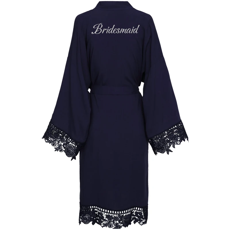 YUXINBRIDAL Rayon Navy Solid Cotton Lace Kimono Robes Women Wedding Bridal Robe Bathrobe Sleepwear  Bride Robes Bridesmaid Robes