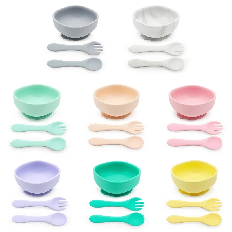 

BPA Free Silicone Baby Suction Cup Base Bowl Training Spoon Fork Set Tableware Q1FE