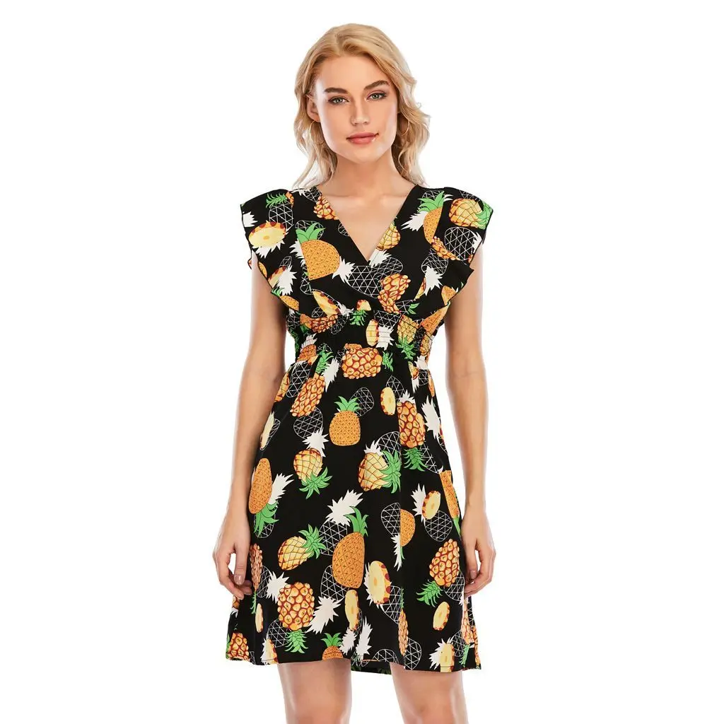 

2021 Summer V-neck Chiffon Print Ruffle Sleeveless Floral Dress Fashion Women Bohemian Beach Sundress Casual Party Dresses Y2k