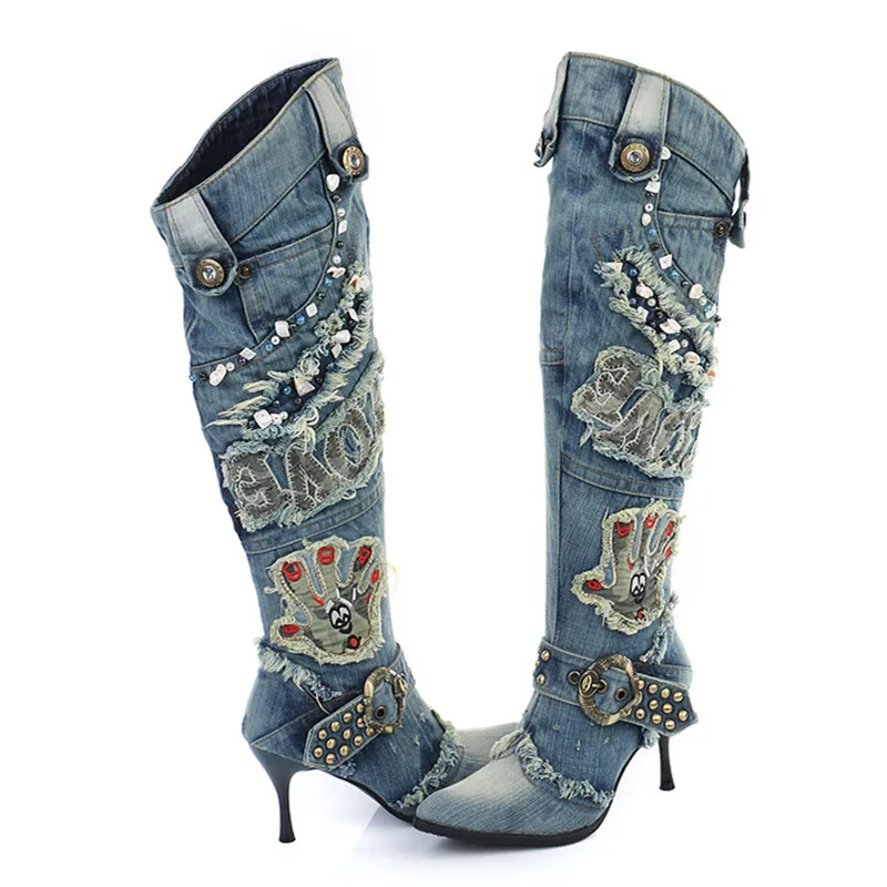 Женские джинсовые сапоги до колена с острым носком на высоком каблуке | Обувь