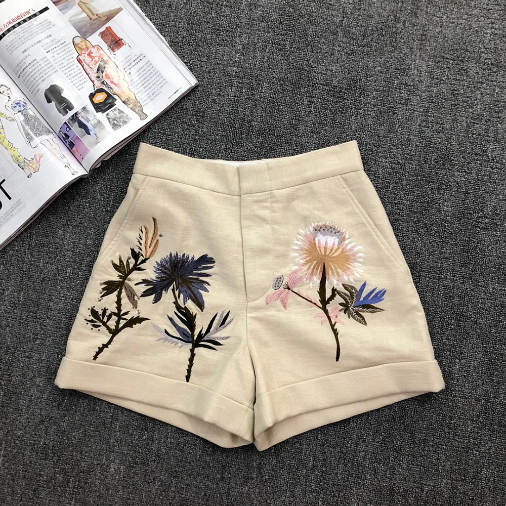 

Женские модельные шорты с цветочной вышивкой, бежевые шорты с цветочной вышивкой в стиле ретро, 2021