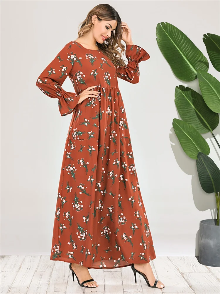 

2021 New Elegant Ethnic Floral Maxi Dress O Neck Long Sleeve Slim High Waist Swing Arabic Muslim Clothes Orange Autumn