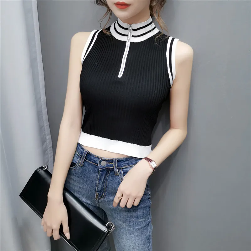 

Knitted Women's Tank Tops Summer Crop Tee Streetwear Cute Shirts 2021 Elegant Half Turtleneck Chic Sleeveless TShirts