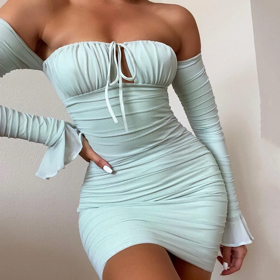 

Autumn and Winter Women's Clothes Hot-Selling Mesh Flared Sleeves Lace-up Boat Neck Pleated Skirt Dress Autumn woman dress
