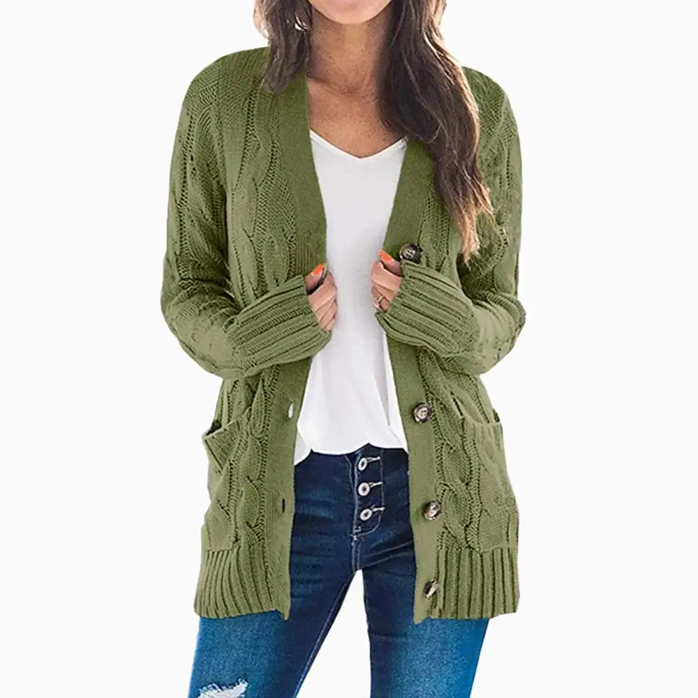 

Women's Autumn Winter Solid Color Buttons Pockets Braid Knitted Sweater Coat Cardigan Trend Loose Korean Fashion outcoat пальто