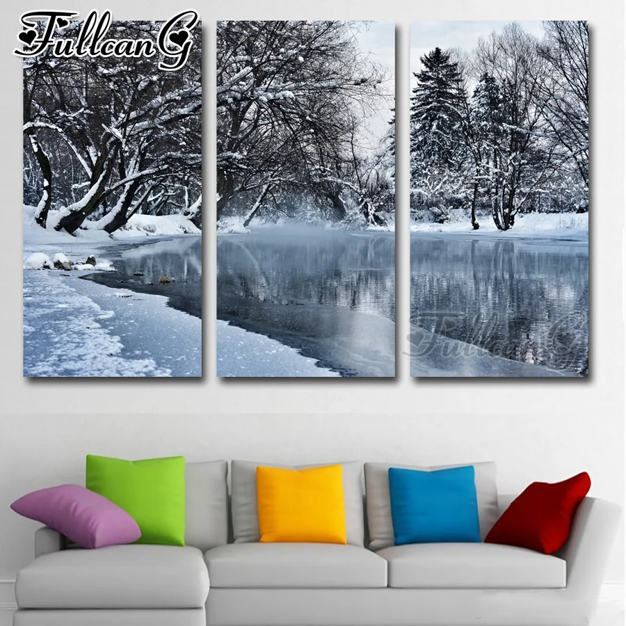 

Алмазная картина FULLCANG "сделай сам", большой Триптих, 5d, зимняя снежная мозаика, пейзаж, квадратная круглая вышивка FC2560