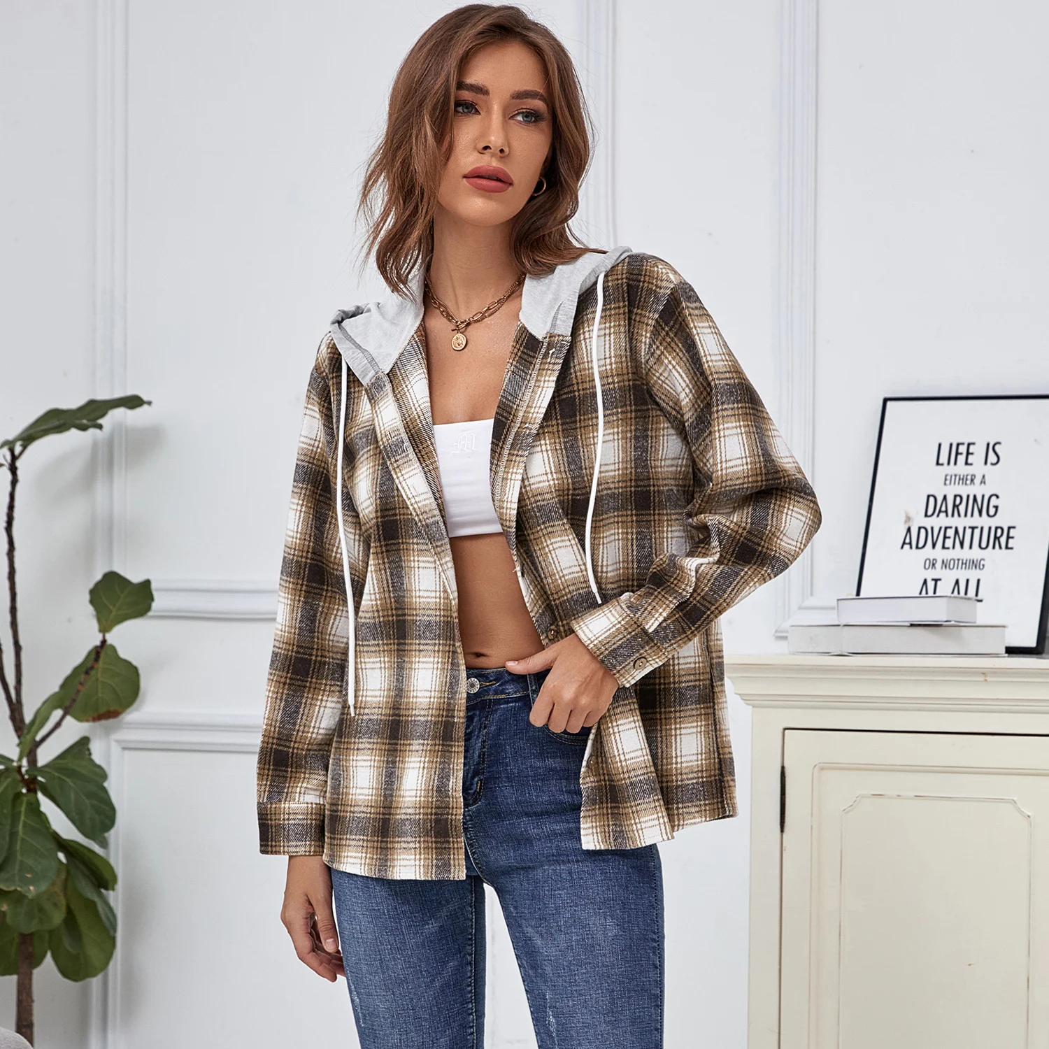 

Casual Women's Hooded Plaid Shirts Spring Autumn Long Sleeve Streetwear Button Down Hoodie Blouse Ladies Chic Loose Outwear Tops