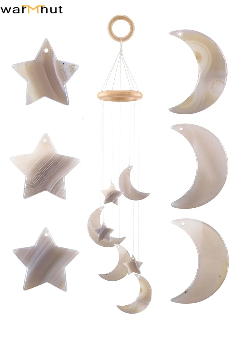 WarmHut Blue Black Raw Color Agate Slices Wind Chime Moon And Star Windchimes Wall Hanging Ornament for Garden Home Outdoor Deco | Дом и сад
