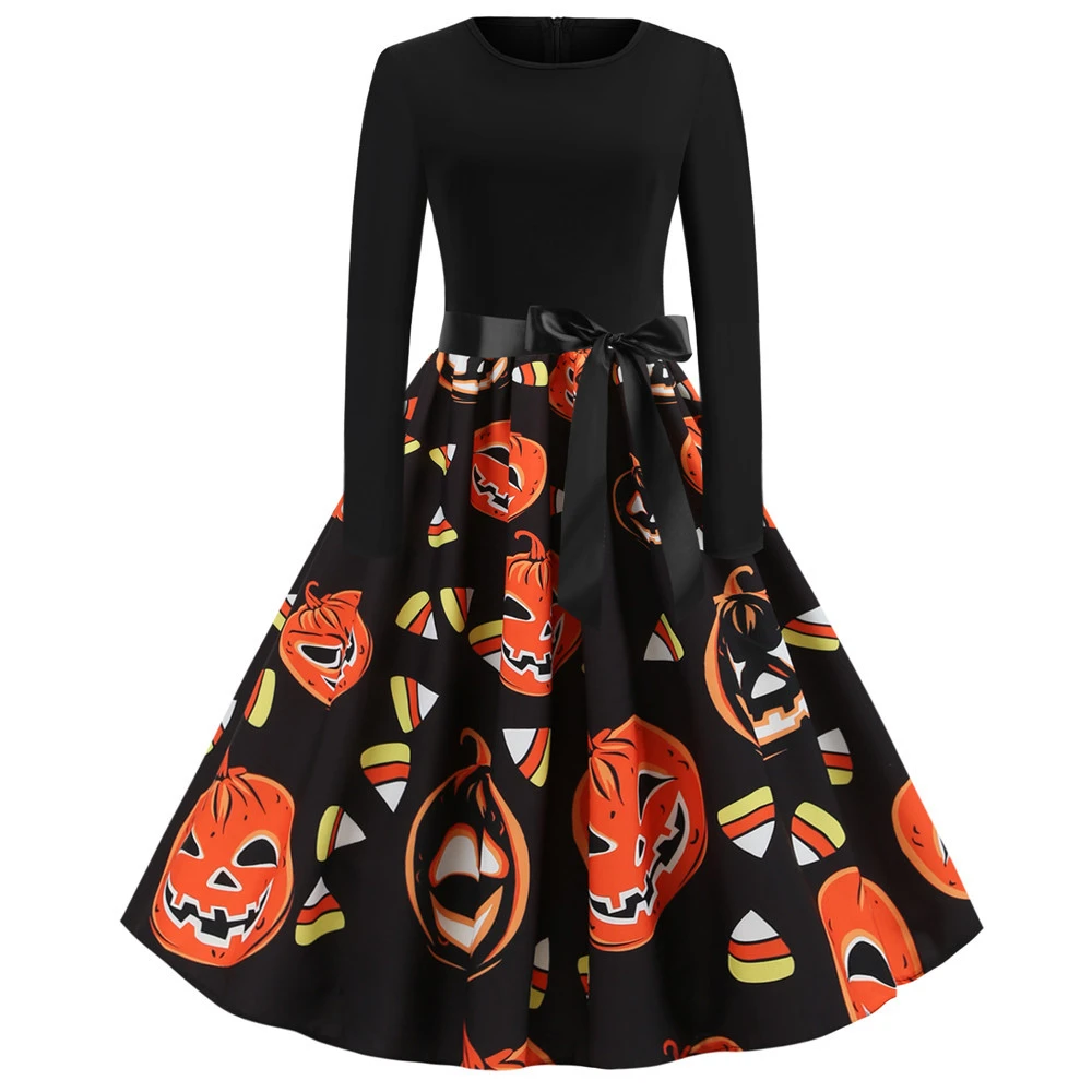 Halloween Dress Summer 2019 New Cartoon Skull Pumpkin Print Long Sleeve Nightmare Before Christmas Robe Vintage Dresses Pinup | Женская