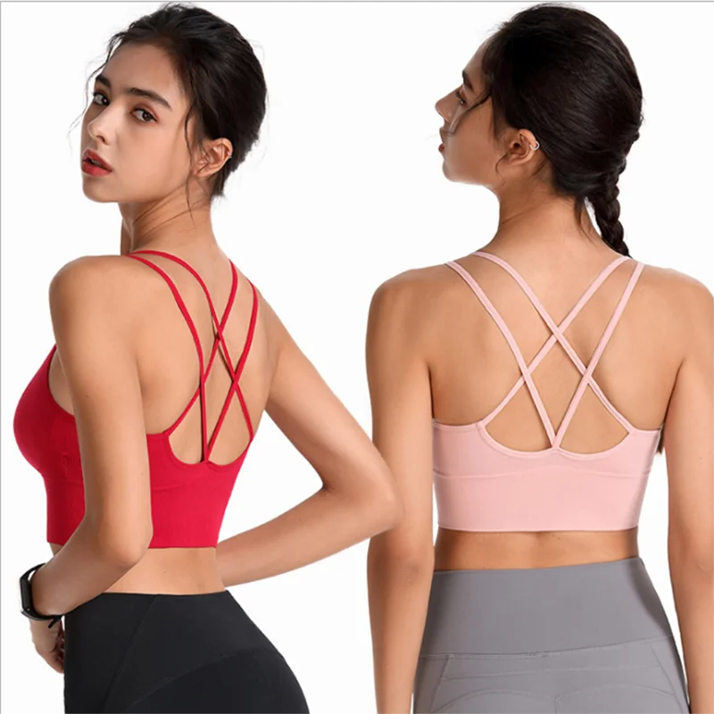 

New Yoga Gym Women Workout Outdoor Running Cross Back Sport Bra With Moving Cup