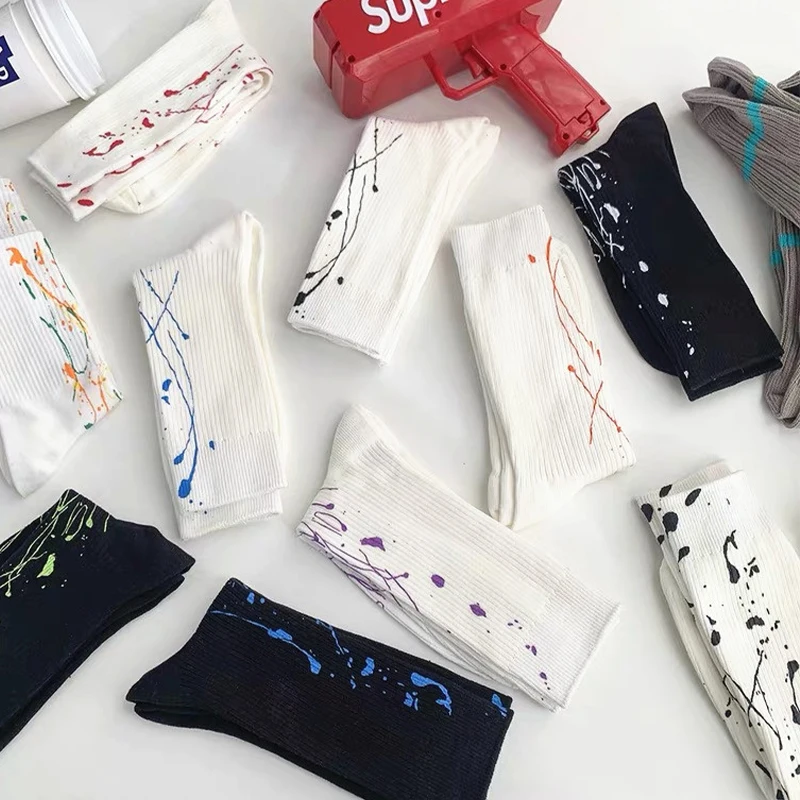 Tide brand splash ink art design color socks double needle pile sports street trend tie-dye men and women middle tube cottonsock