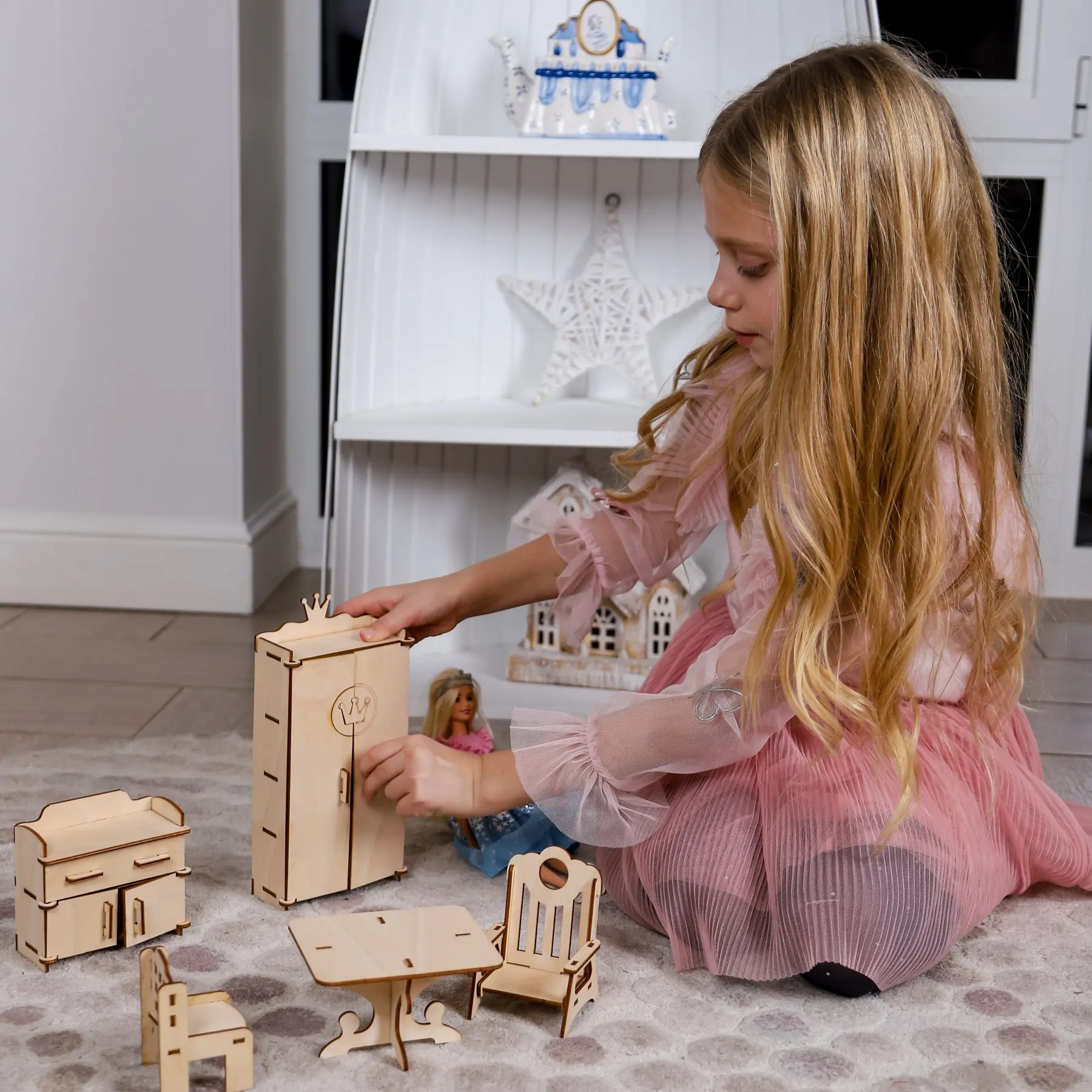 Atoff Kids Деревянный набор мебели для кукол (5 предметов зала) из фанеры игры и