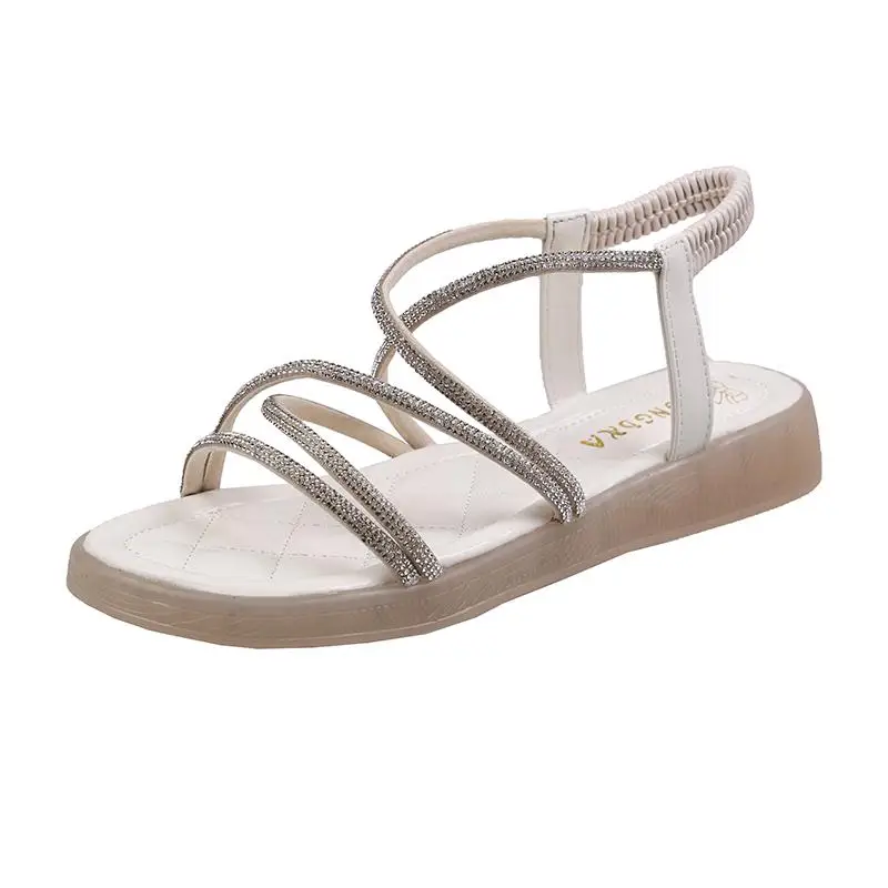 

Comfort Shoes for Women Rhinestone Sandals Summer Heels Soft Suit Female Beige Med All-Match Clogs Wedge Fashion Girls 2021 New