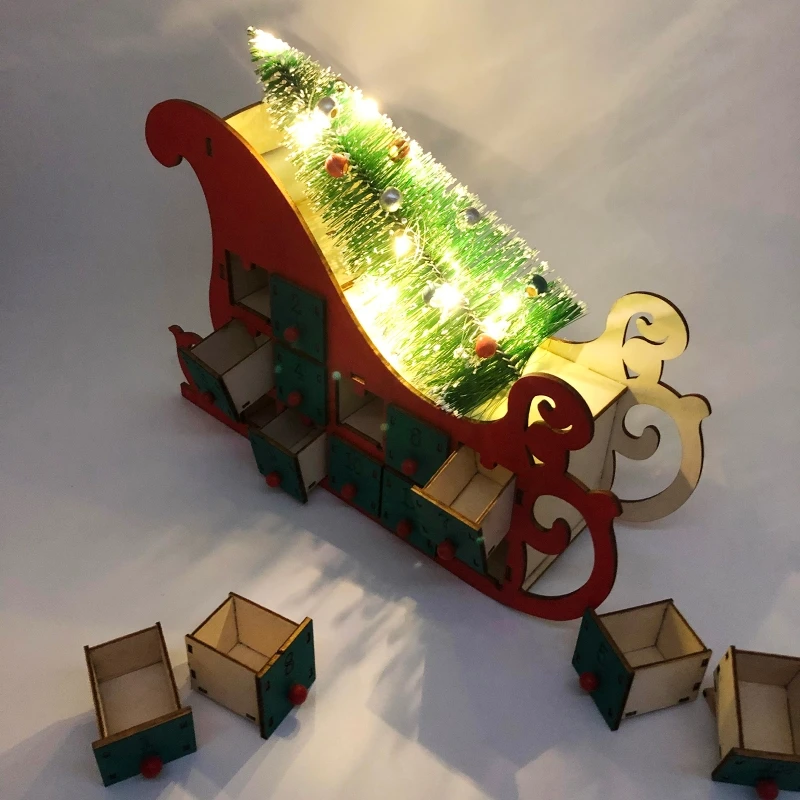 

Рождественские сани, деревянный Адвент-календарь, обратный отсчет, декор для рождественвечерние, 24 ящика светодиодный светодиодсветильник...