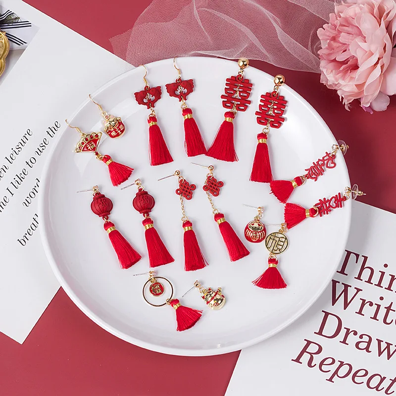 

925 Silver Needle Chinese Fashion Earrings for Women Luxury Wedding China New Year Jewelry Chinese Knot Lucky Cat Lantern Tassel
