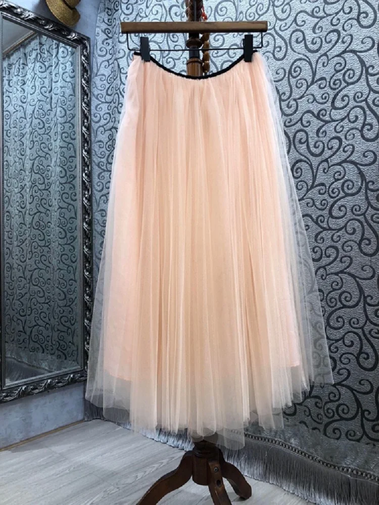 

2021 100%Cotton Skirts Spring Summer Style Skirt Women Bow Deco Sexy Tulle Mesh Patchwork Casual Red Apricot Ball Gown Skirts