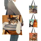 Эко-Льняная многоразовая сумка для покупок с рисунком кошки маслом, женская модная сумка-тоут, сумки, студенческие дорожные школьные сумки