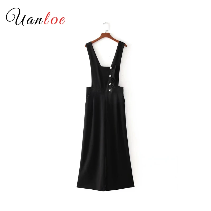 

Vintage Black Jumpsuits Ruffles Buttons Decorate Rompers Female Spring Chic Streetwear Overalls Suspender Trousers