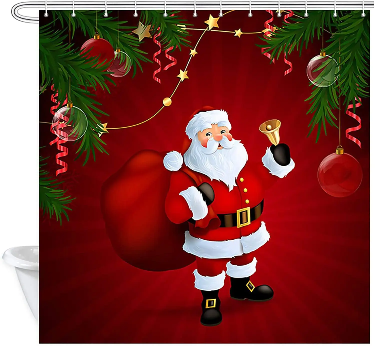 

Red Christmas Shower Curtains for Bathroom,Xmas Festive Cute Santa Claus with Pine Branches, Fabric Bath Curtain Set with Hooks