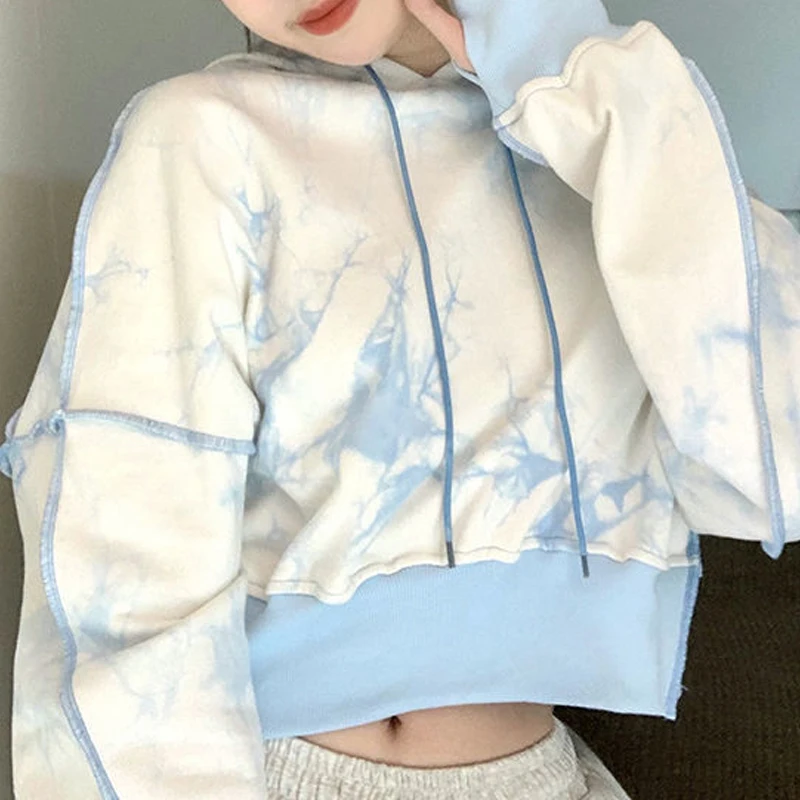 

Hoodies Women Full Sleeve Tie Dye Print Hooded Sweatshirt Autumn Spring Casual Sweats Pullovers Female Cropped Hoodies Tops