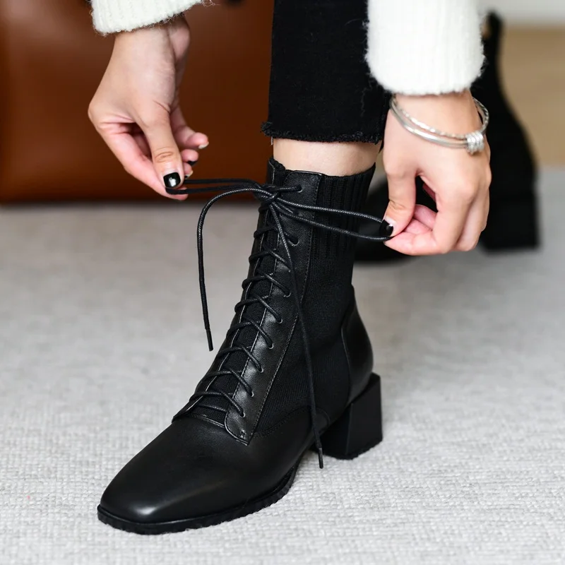 

New Women Autumn Winter Warm Ankle Boots Dress Party Office Basic Shoes Woman Chunky Heels Women Genuine Leather Short Boots 40