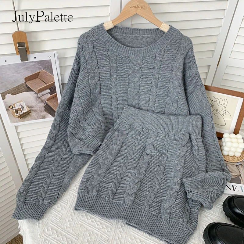 

Julypalette Solid Twist Knitted 2 pieces Sets 2021 Autumn Winter Short Long Sleeve Sweater+High Waist Bodycon Skirt Women Sets