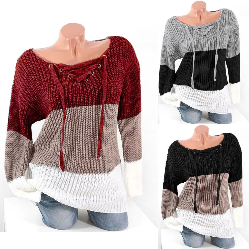 

Vogue Women Sexy V-neck Color Block Lace-up Knitwear Sweater Tops Ladies Long Sleeve Casual Loose Pullovers Winter Fashion