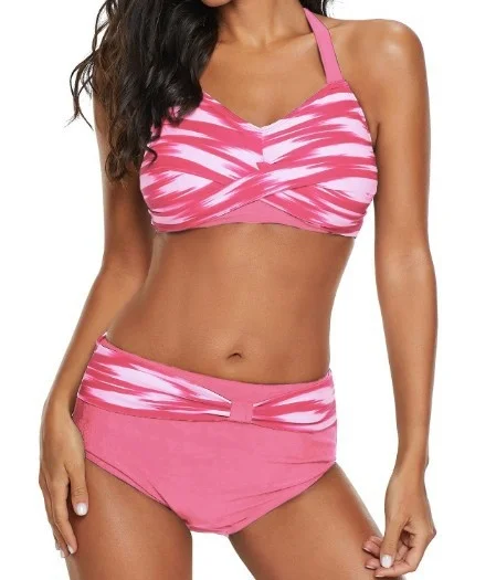 

2019 Bikini Swimsuit Women's Sexy Gathering Bikini Sexy Pattern Fashion Split Swimsuit High Waist Bikini Vintage Swimsuit Solid