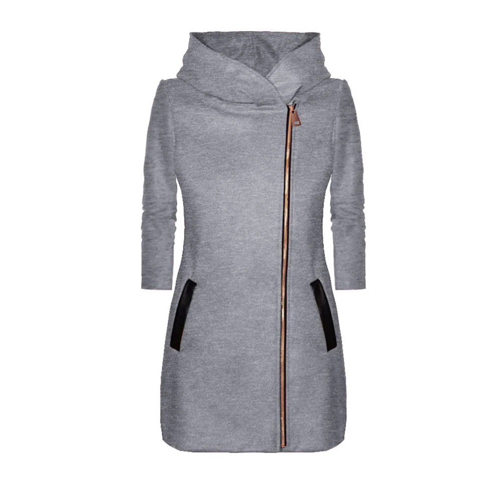 Куртка женская однотонная с длинным рукавом пальто на молнии капюшоном стильное