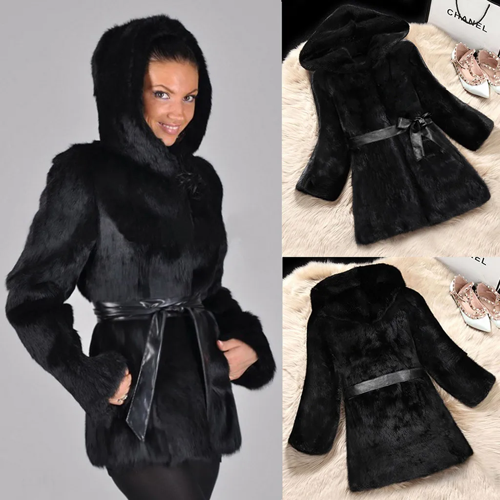 Winter Warm hooded Long Solid color Warm Faux Fur Coat New Fashion Casual V-neck Long sleeve bandage Women Fur Outwear