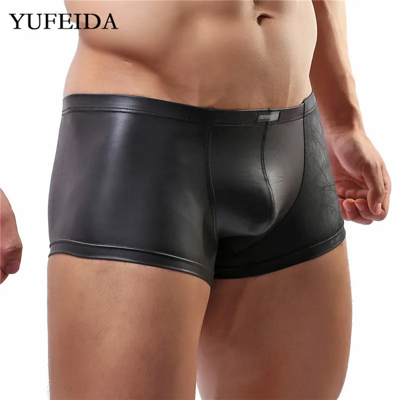 Пикантные Для мужчин нижнее белье шорты боксеры из искусственной кожи трусы с