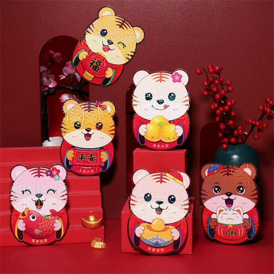 

6 шт., красные конверты Hongbao С Рисунком Тигра, подарочные пакеты для денег, товары для китайского Нового года 2022